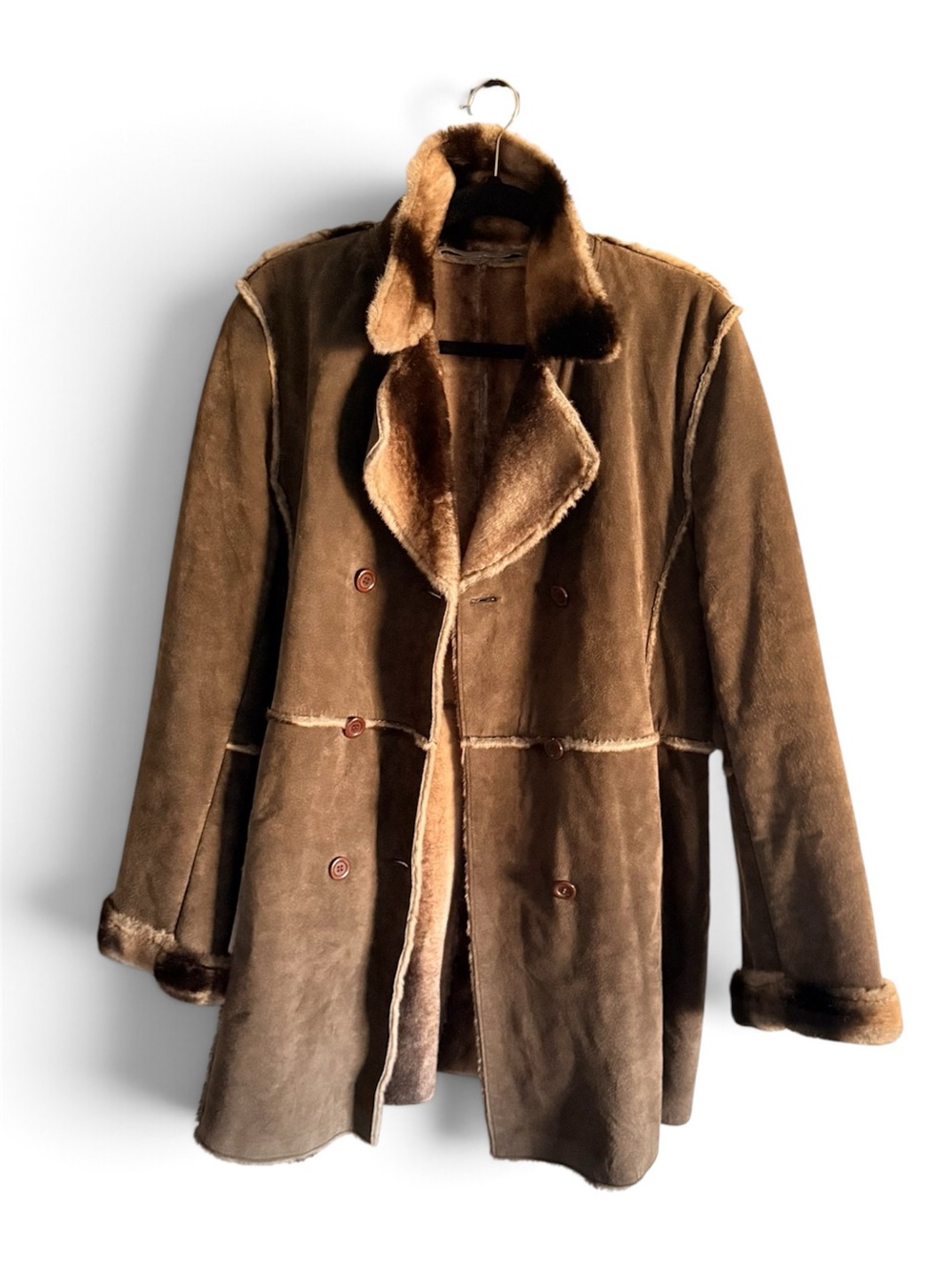 Marvin Richards Brown Shearling Coat with Faux Fur Trim